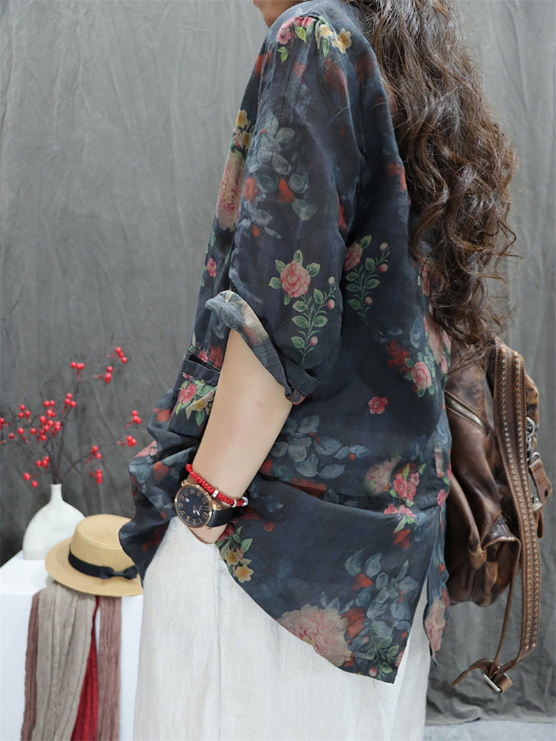 Plus Size Women Summer Vintage Flower Lapel 100%Ramie Shirt