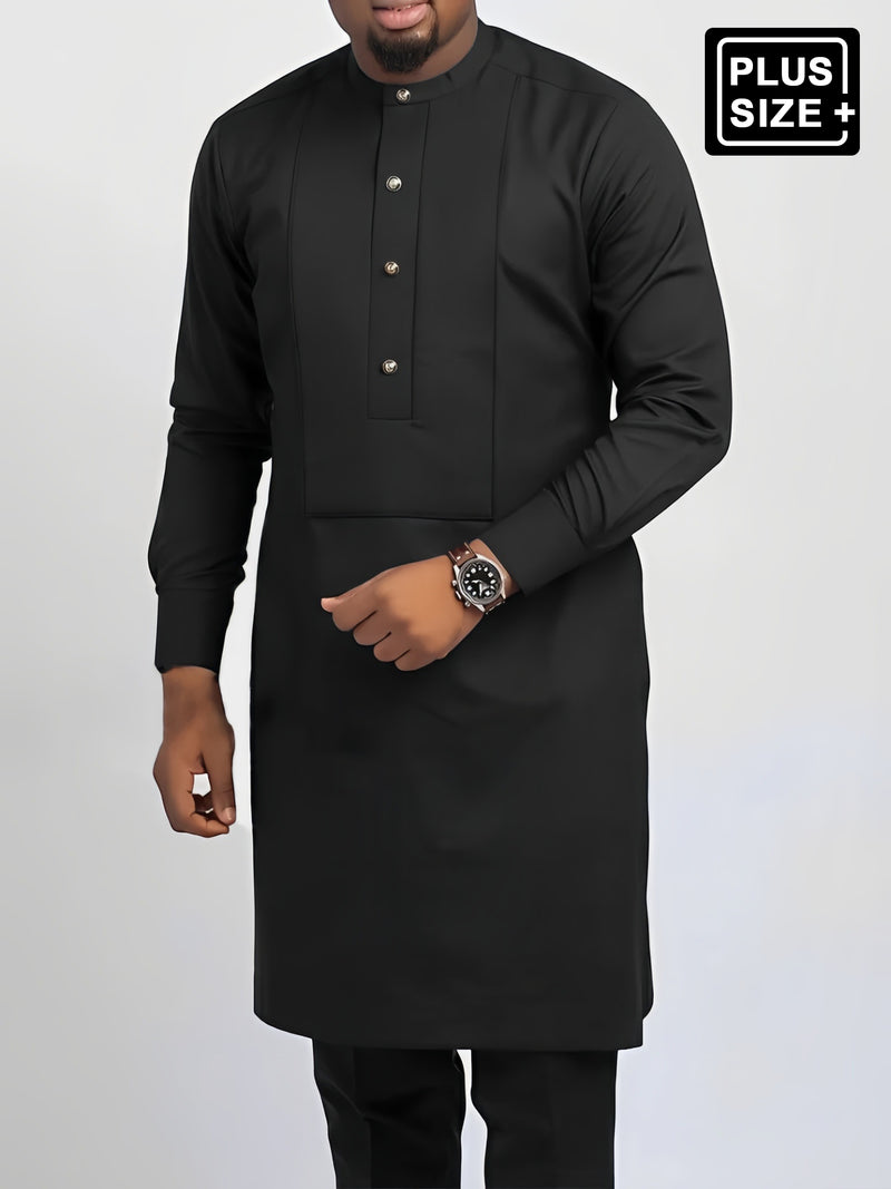 Plus Size Black Plain Button Long Sleeve Men's Set