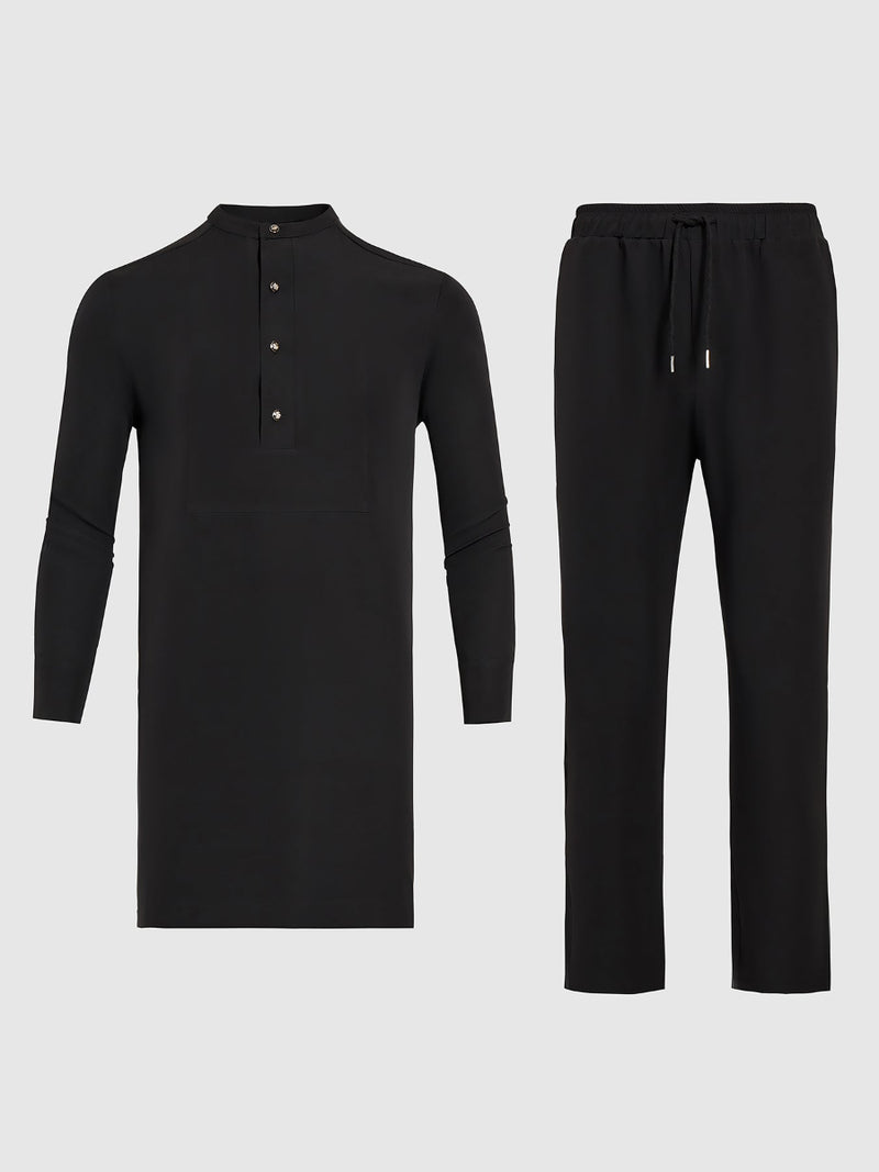 Plus Size Black Plain Button Long Sleeve Men's Set