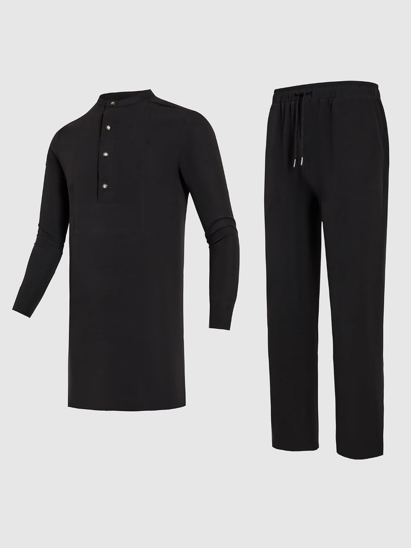 Plus Size Black Plain Button Long Sleeve Men's Set