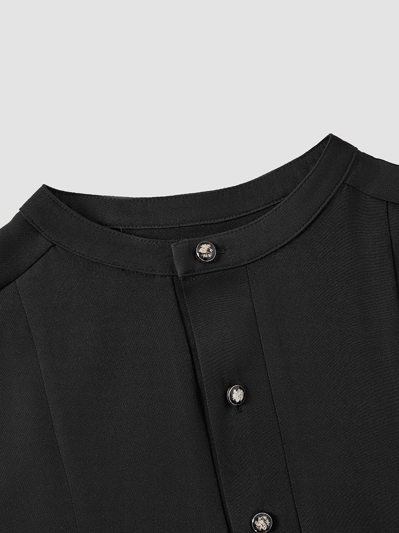 Plus Size Black Plain Button Long Sleeve Men's Set