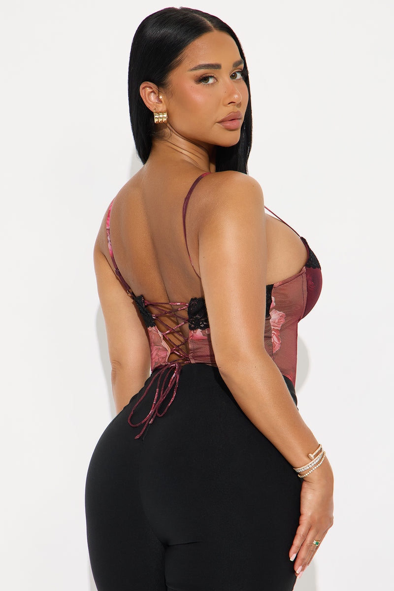 Meet Me At Dusk Lace Trim Corset Top - Burgundy/combo