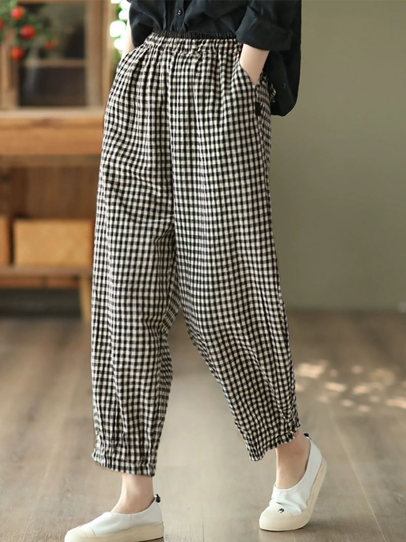 Plus Size Women Summer Retro Plaid 100%Linen Harem Pants