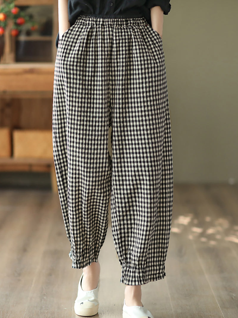 Plus Size Women Summer Retro Plaid 100%Linen Harem Pants