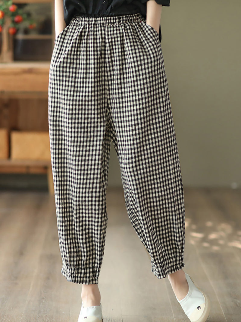 Plus Size Women Summer Retro Plaid 100%Linen Harem Pants