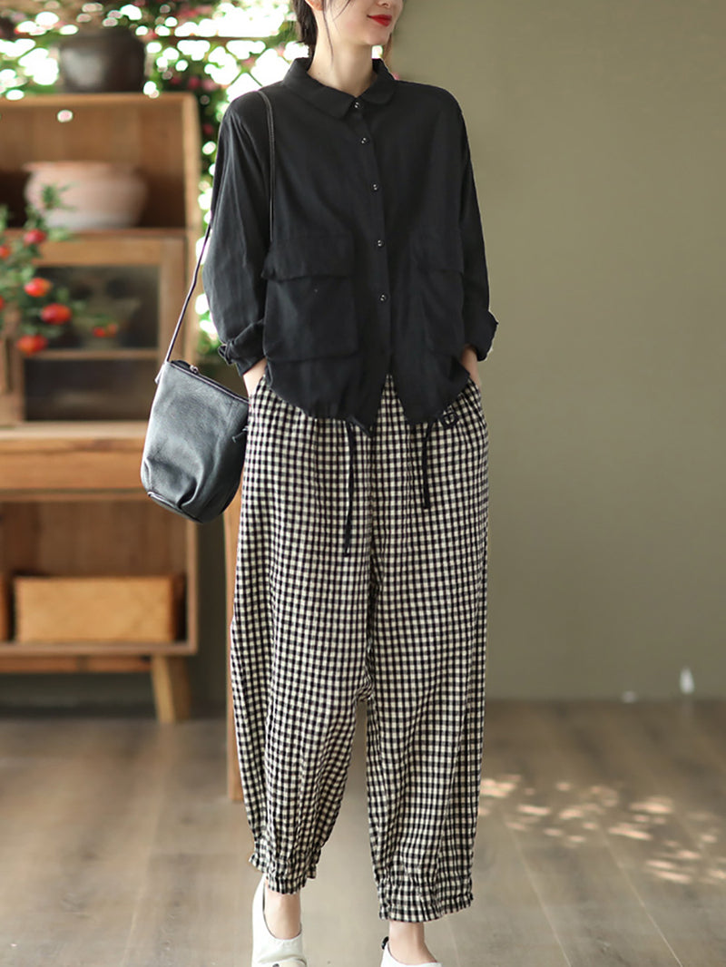 Plus Size Women Summer Retro Plaid 100%Linen Harem Pants