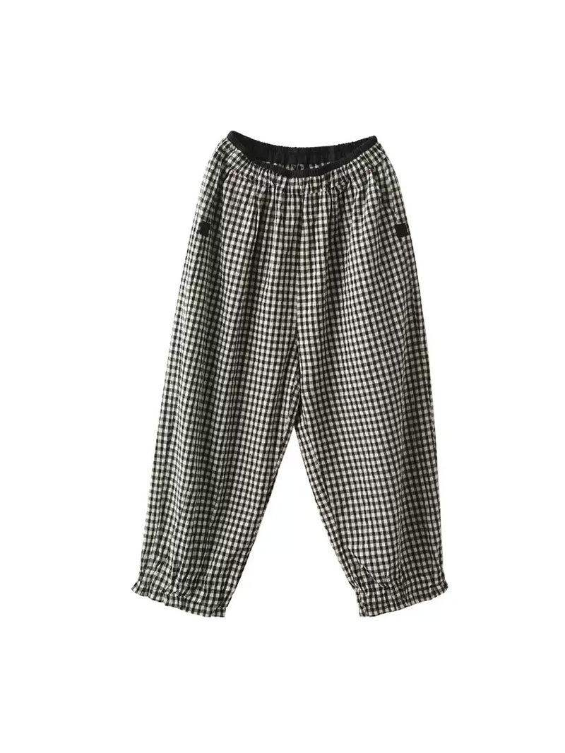 Plus Size Women Summer Retro Plaid 100%Linen Harem Pants