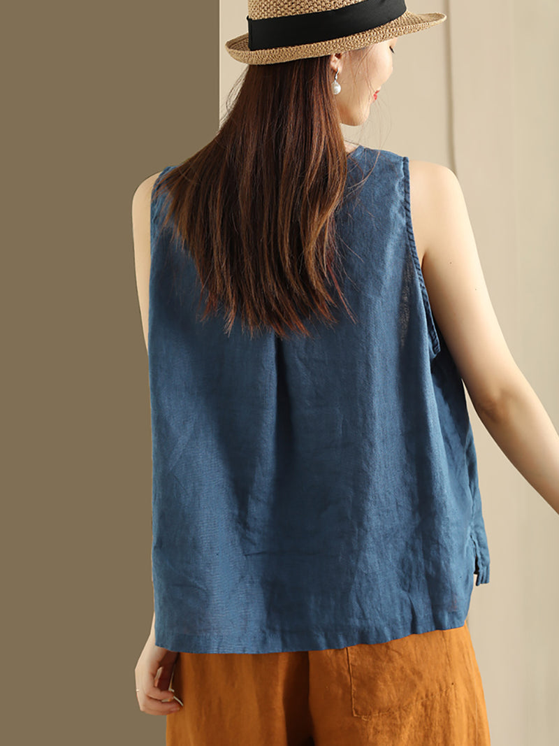Plus Size Women Summer Solid Loose Button Pocket 100%Linen Vest