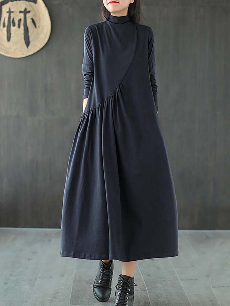Plus Size Solid Color Draped High Neckline Dress
