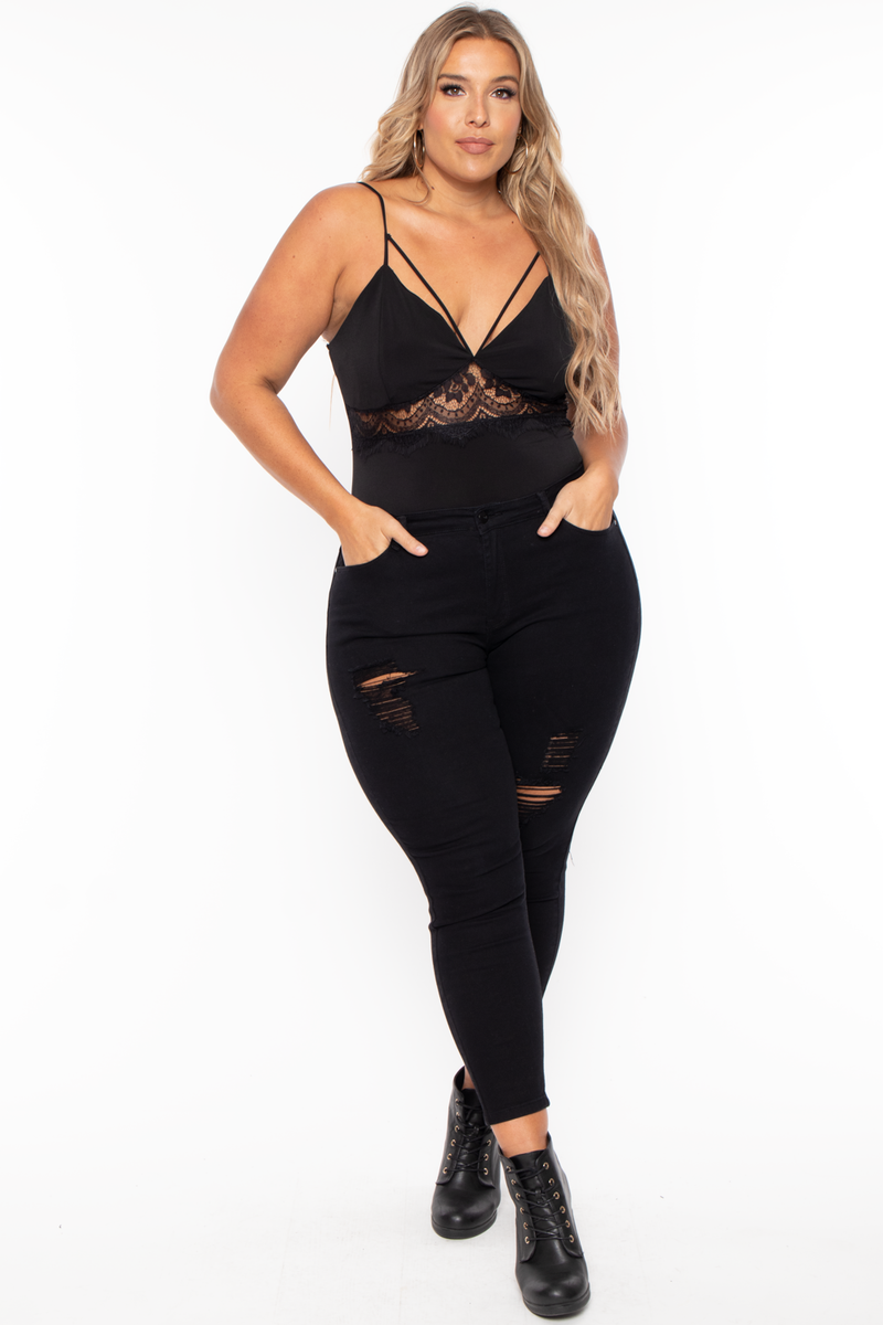 Plus Size Cassandra Cut Out Lace Bodysuit - Black