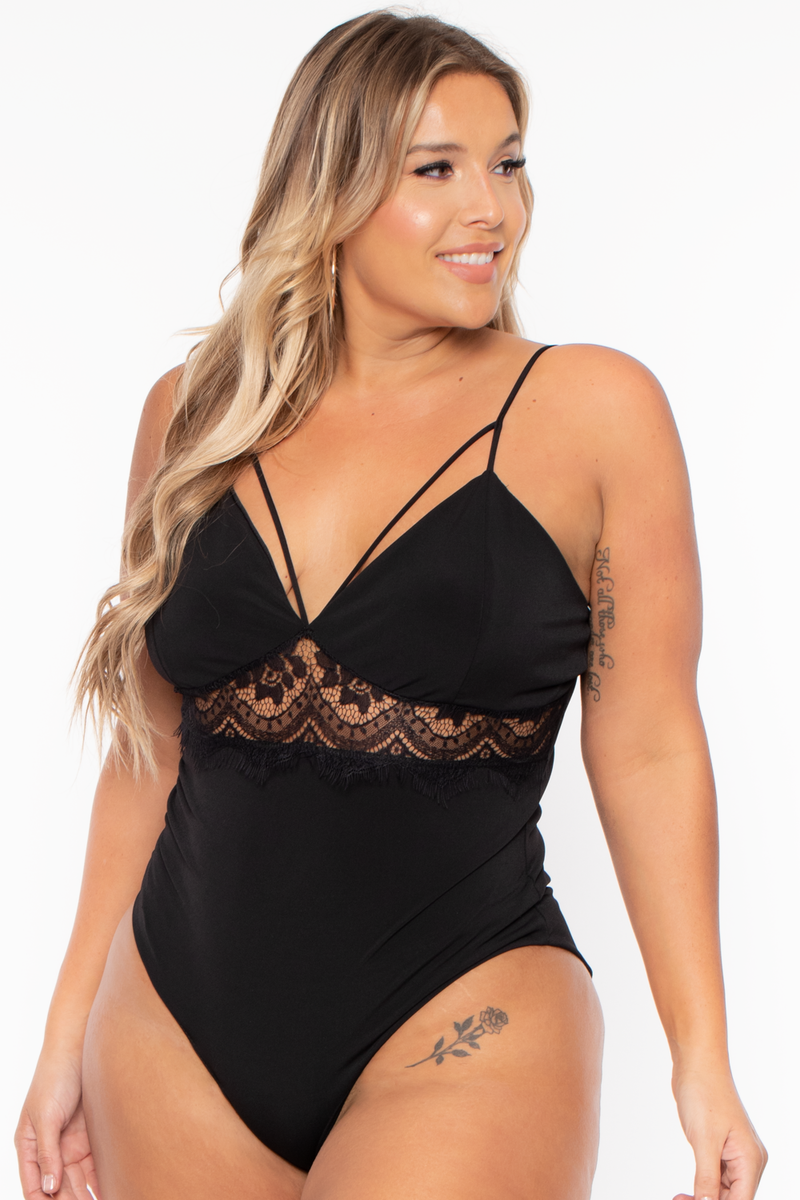 Plus Size Cassandra Cut Out Lace Bodysuit - Black