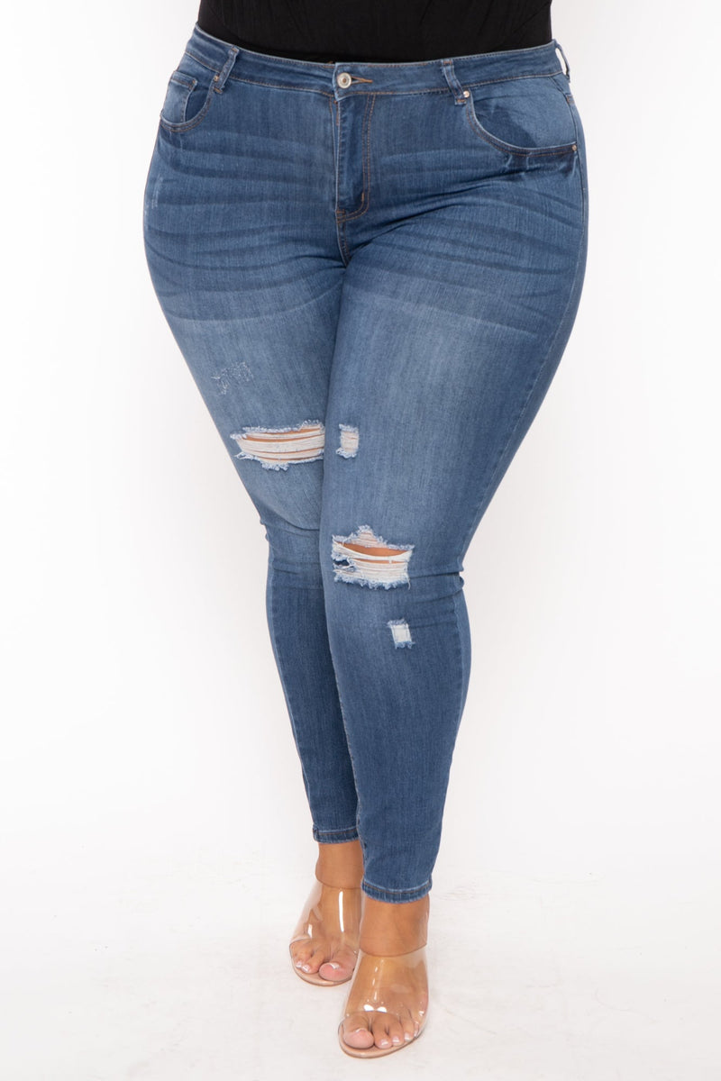 Plus Size Distressed Stretch Skinny  Jeans - Medium Wash