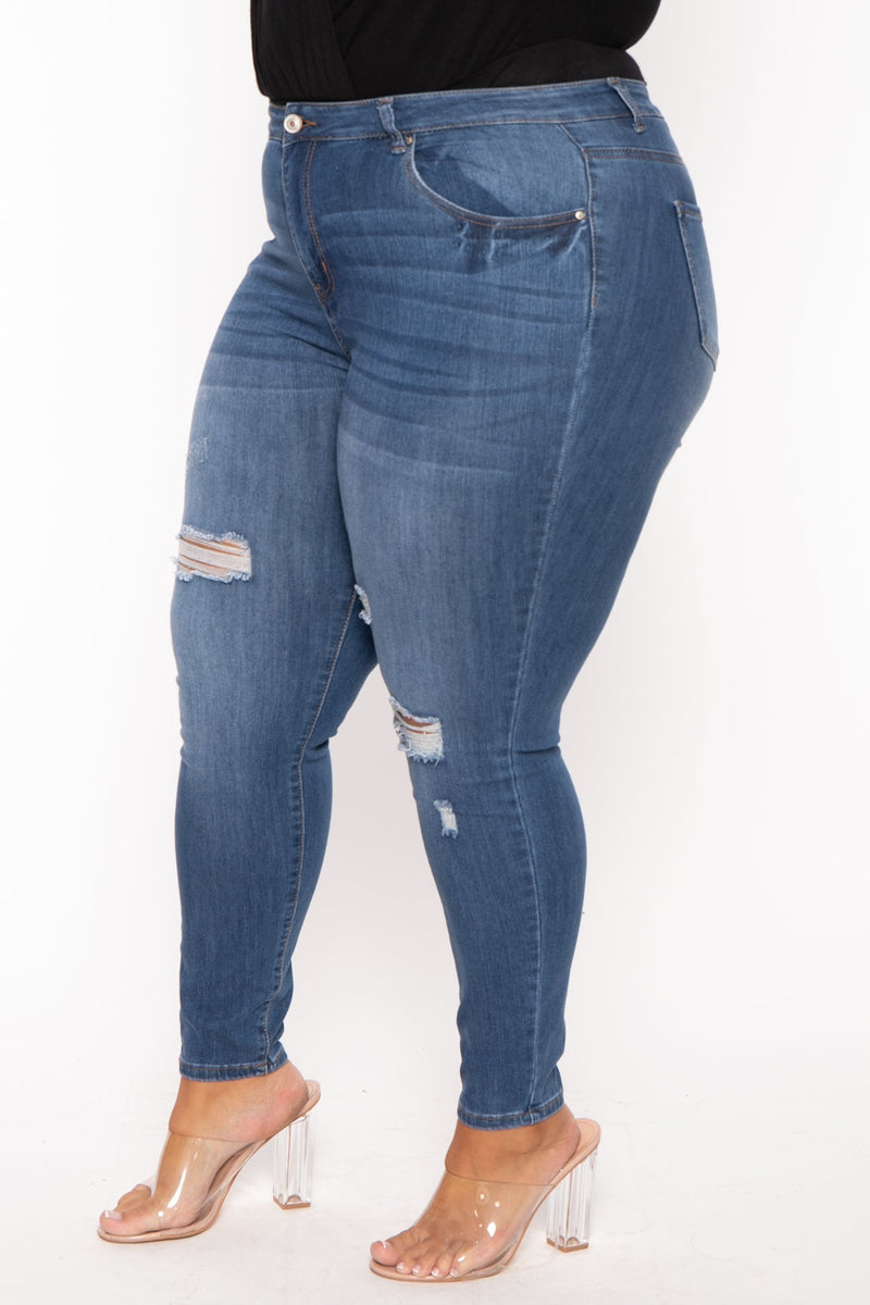 Plus Size Distressed Stretch Skinny  Jeans - Medium Wash