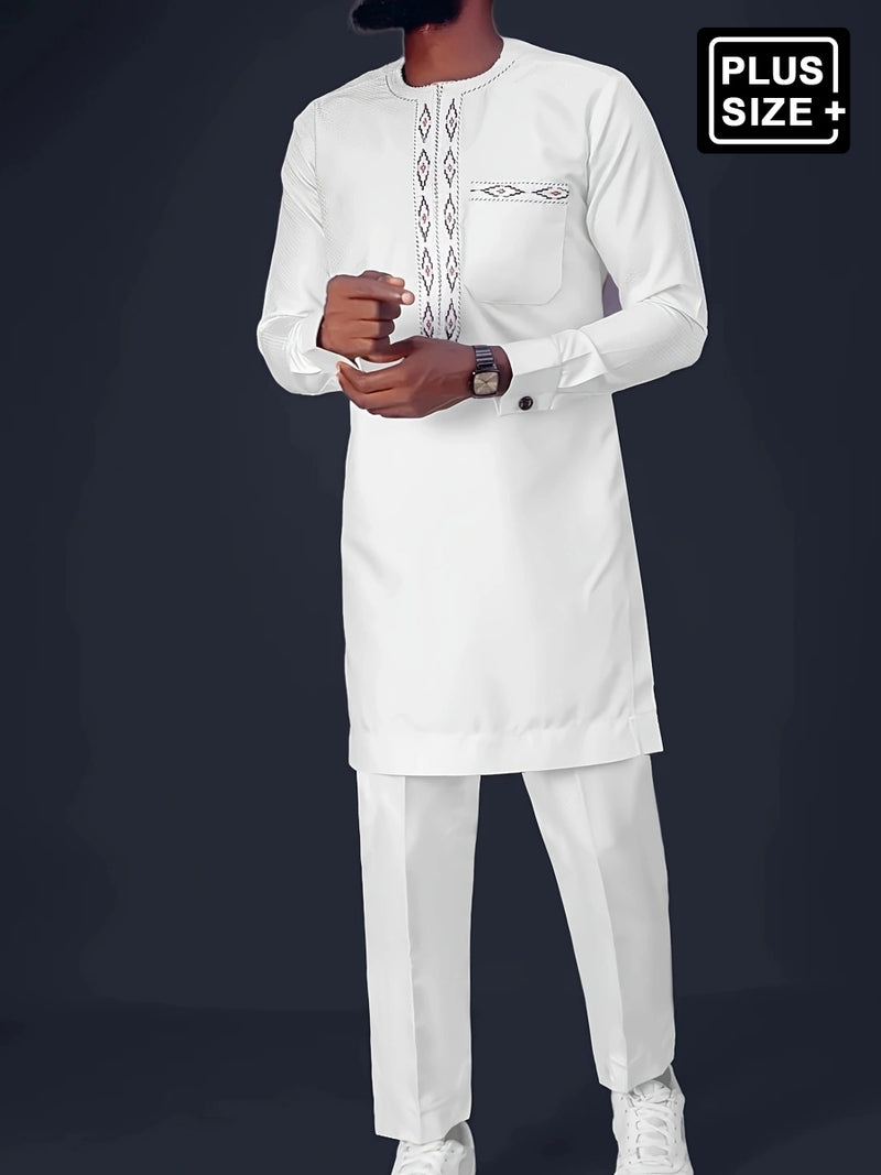Plus Size White African Embroidered Men's Set