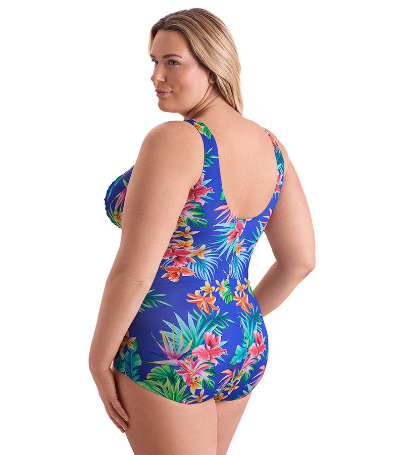 Shape Solver By Penbrooke Women's Plus Size Tropical Tendencies Shirred Front Princess Seam Girl Leg One Piece Swimsuit