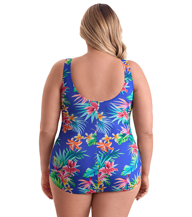 Shape Solver By Penbrooke Women's Plus Size Tropical Tendencies Shirred Front Princess Seam Girl Leg One Piece Swimsuit