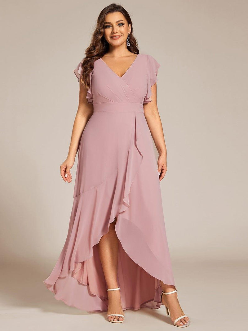 Celia | Plus Size A-Line Chiffon High-Low Bridesmaid Dress with Ruffled Sleeve