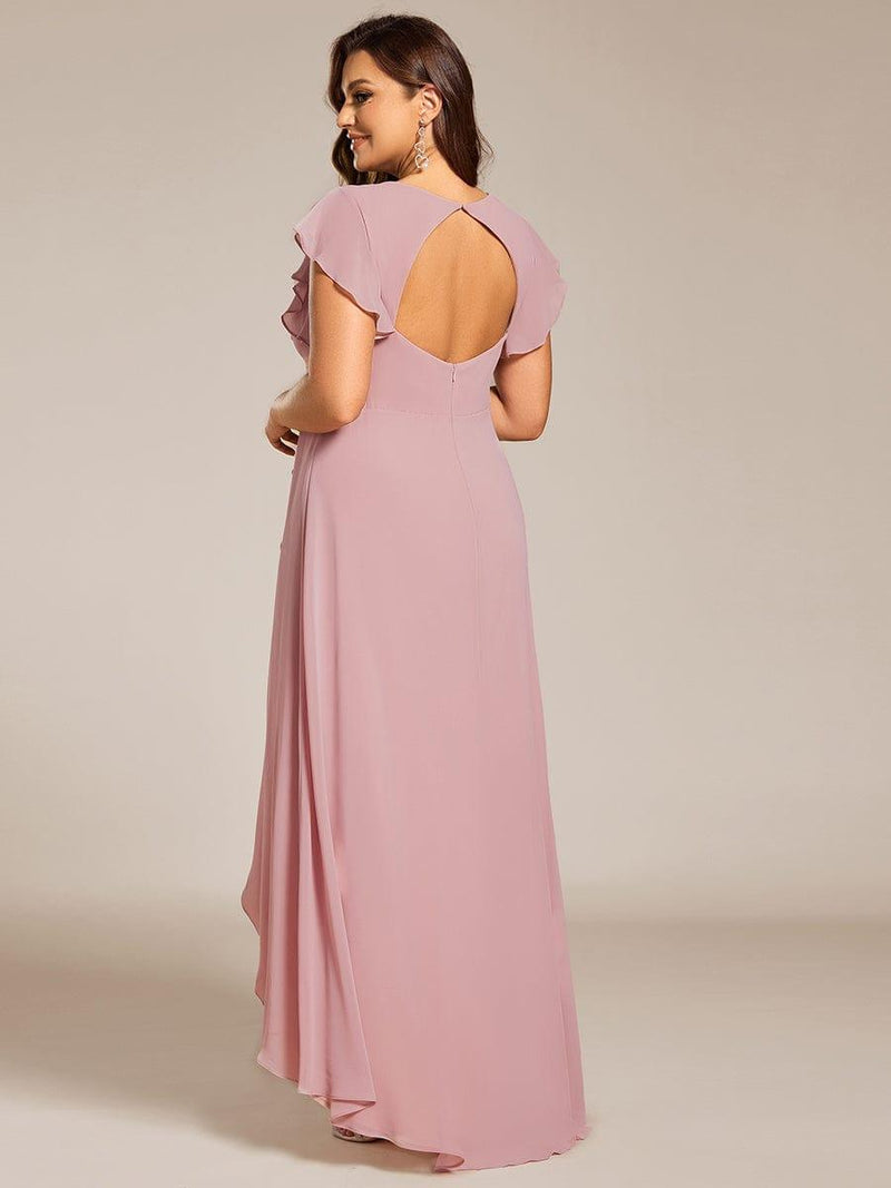 Celia | Plus Size A-Line Chiffon High-Low Bridesmaid Dress with Ruffled Sleeve