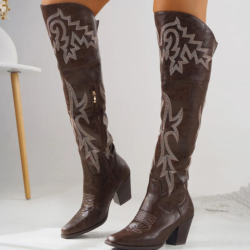 2023 Hot Sale Women's Vintage Embroidery Cowgirls Western Boots Shoes Plus Size Retro Concert Cowboy Over The Knee High Boot