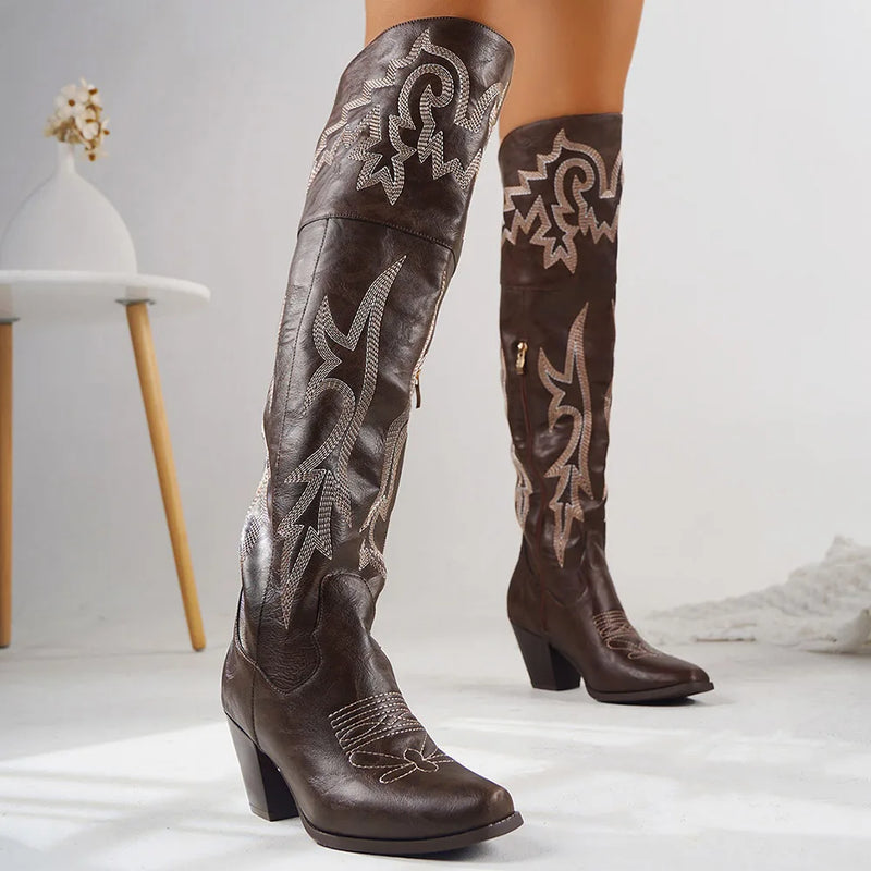 2023 Hot Sale Women's Vintage Embroidery Cowgirls Western Boots Shoes Plus Size Retro Concert Cowboy Over The Knee High Boot