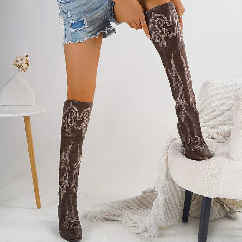 2023 Hot Sale Women's Vintage Embroidery Cowgirls Western Boots Shoes Plus Size Retro Concert Cowboy Over The Knee High Boot