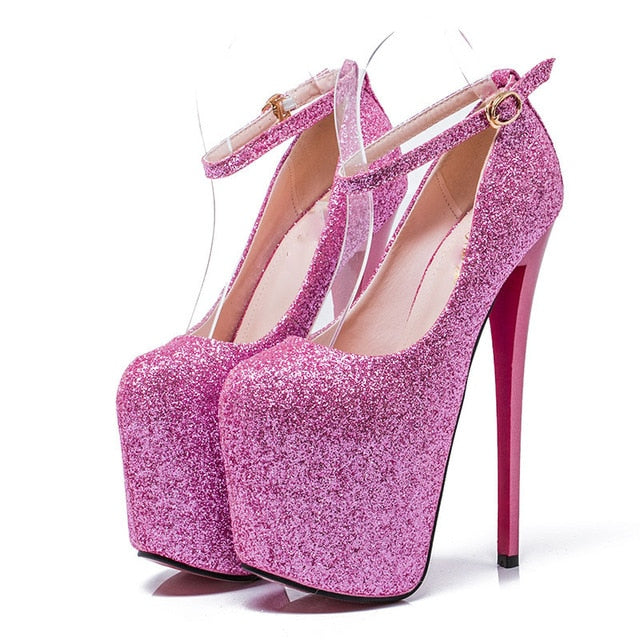Bridget - Size 4 to 21 Drag Queen Platform Glitter Pumps, Blue Pink or Red - Plus size