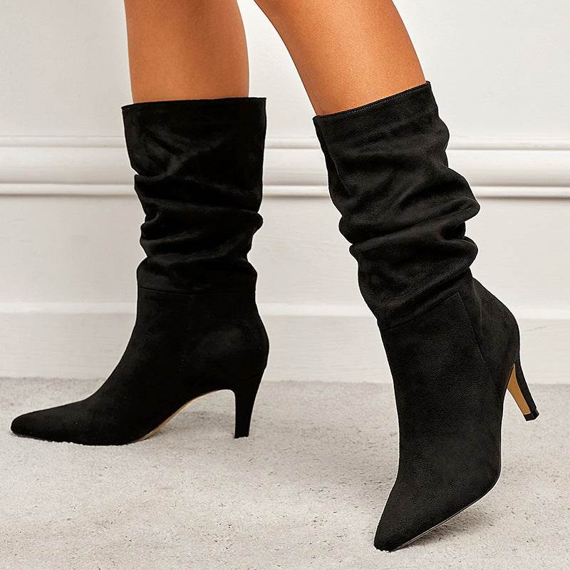 Buycenter Women's Plus Size Stiletto Heel Boots - Wrinkled Suede Design
