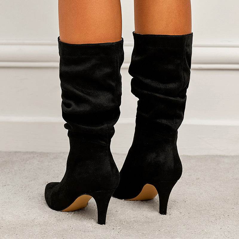 Buycenter Women's Plus Size Stiletto Heel Boots - Wrinkled Suede Design