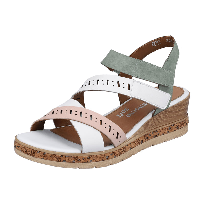 Remonte White Wedge Sandals for Women Comfortable Leather Velcro Straps