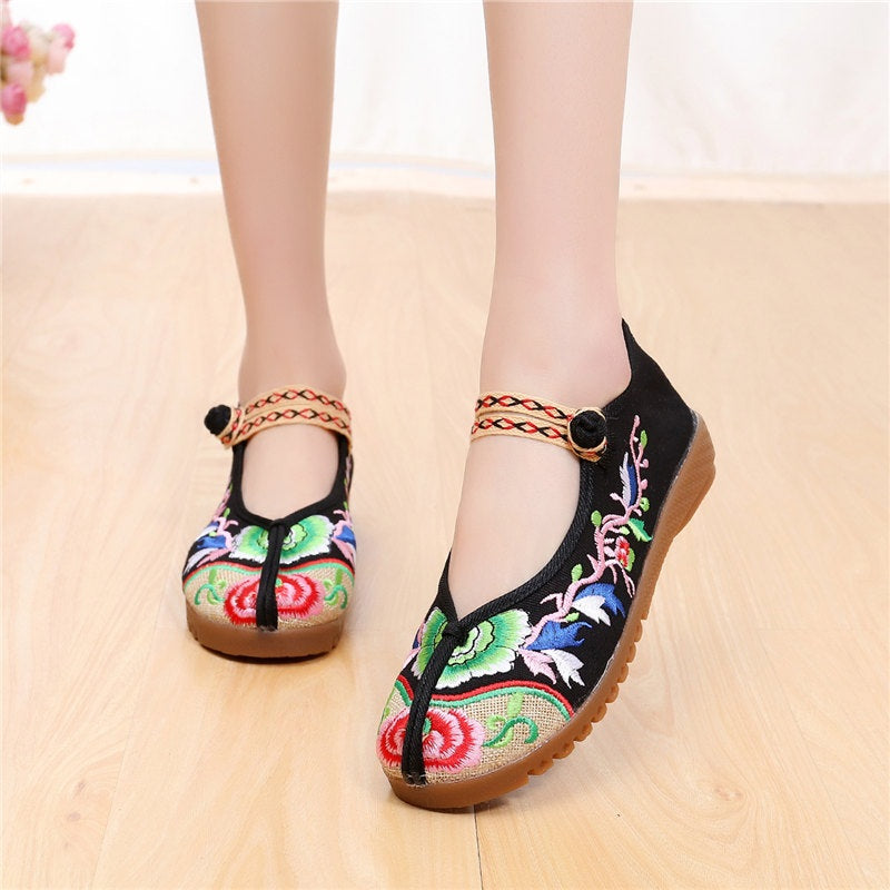 Tierra Chinese Oriental Embroidery Maryjanes Covered Toes Canvas Shoes (Blue, Black, Red))