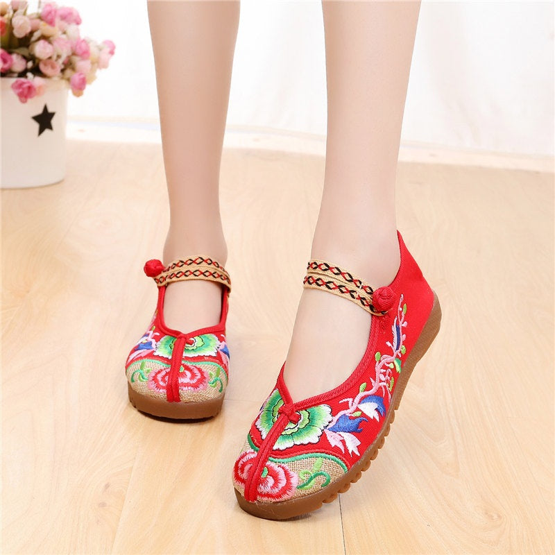 Tierra Chinese Oriental Embroidery Maryjanes Covered Toes Canvas Shoes (Blue, Black, Red))