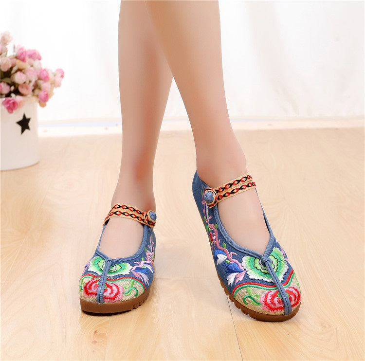Tierra Chinese Oriental Embroidery Maryjanes Covered Toes Canvas Shoes (Blue, Black, Red))