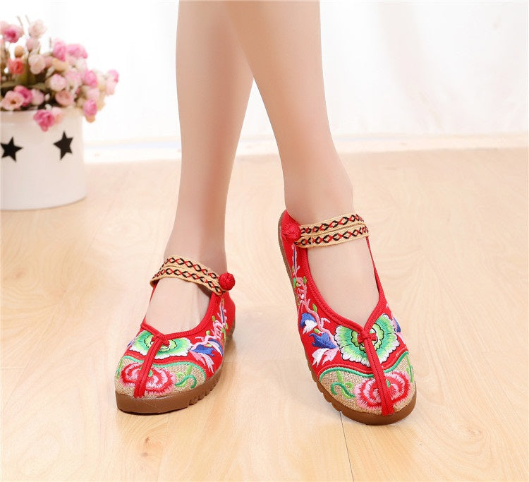 Tierra Chinese Oriental Embroidery Maryjanes Covered Toes Canvas Shoes (Blue, Black, Red))