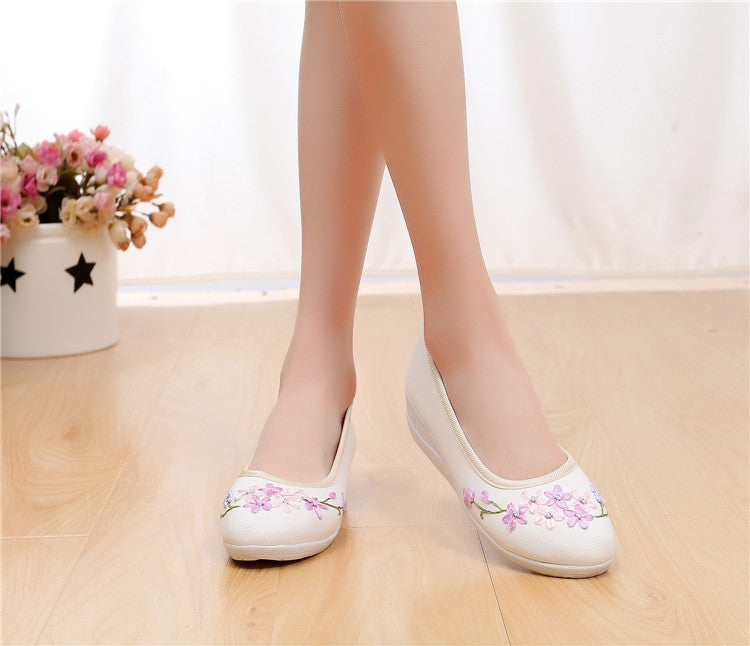 Tichael Cream Colour Oriental Embroidery Maryjanes Wedges Covered Toes Canvas Ballet Flats Shoes