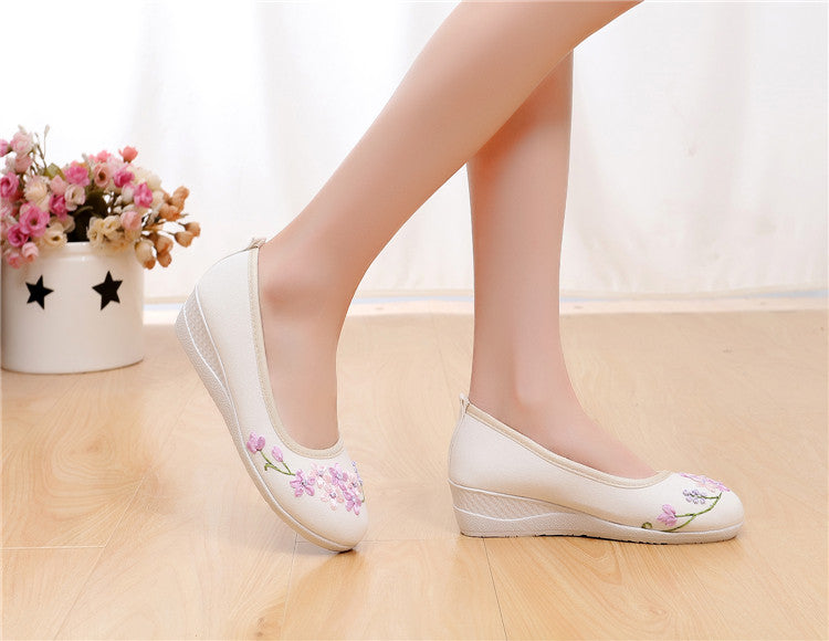 Tichael Cream Colour Oriental Embroidery Maryjanes Wedges Covered Toes Canvas Ballet Flats Shoes