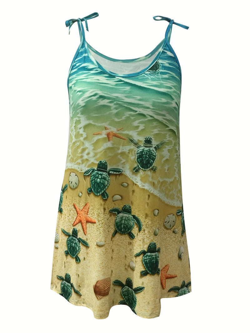Turtle Print Plus Size 1XL-5XL Slip Dress Casual Crew Neck Lace Up Dress For Spring & Summer Women's Plus Size Clothing