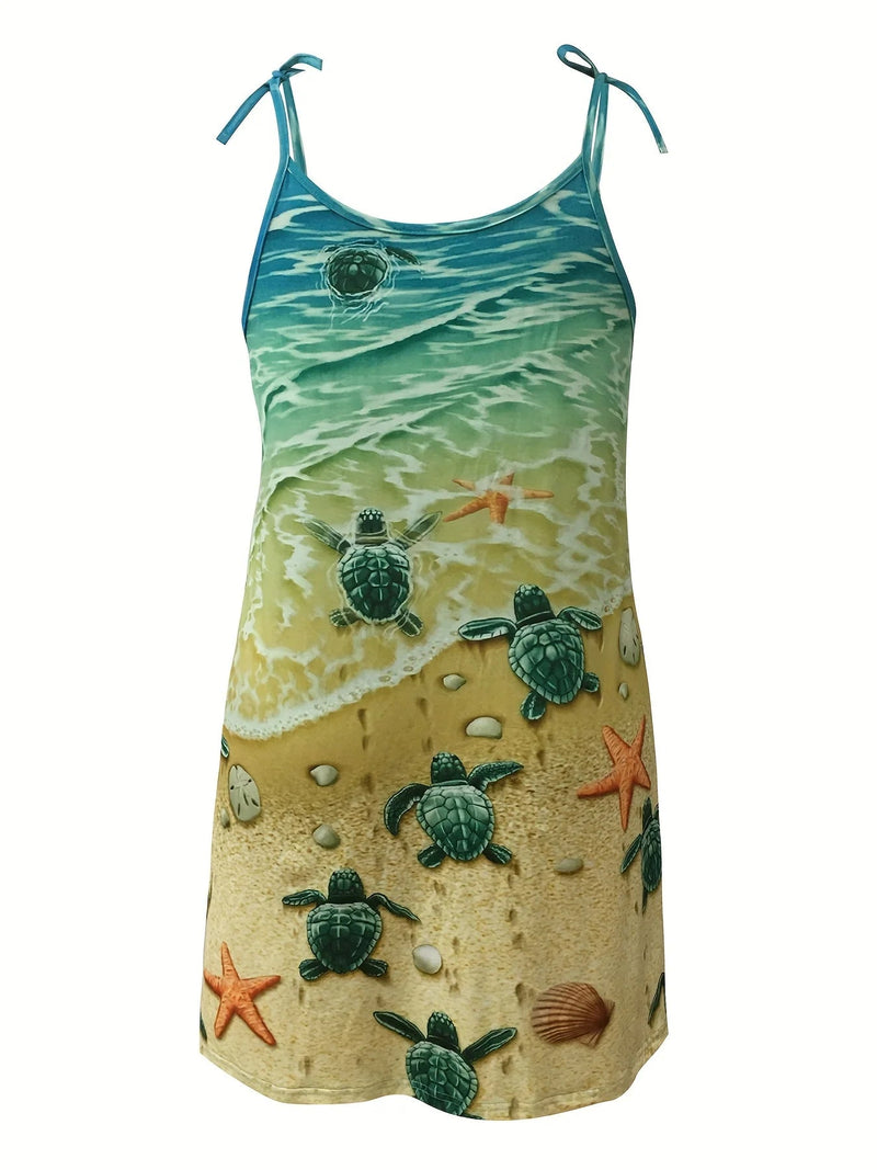 Turtle Print Plus Size 1XL-5XL Slip Dress Casual Crew Neck Lace Up Dress For Spring & Summer Women's Plus Size Clothing