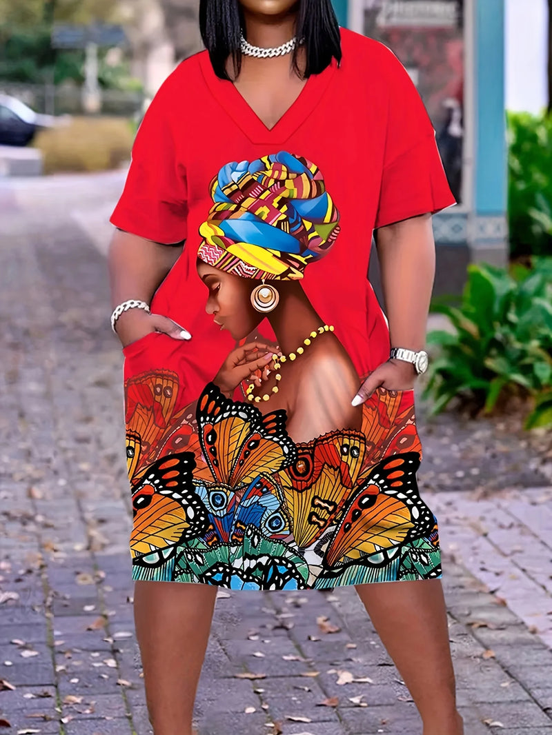 Plus Size Butterfly Print Dress Casual Short Sleeve V Neck Dress With Pockets Women's Plus Size Clothing