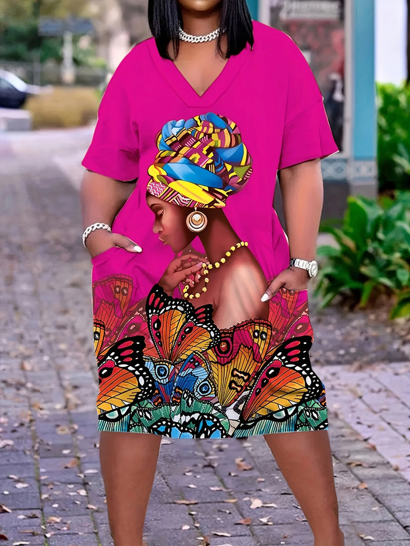 Plus Size Butterfly Print Dress Casual Short Sleeve V Neck Dress With Pockets Women's Plus Size Clothing