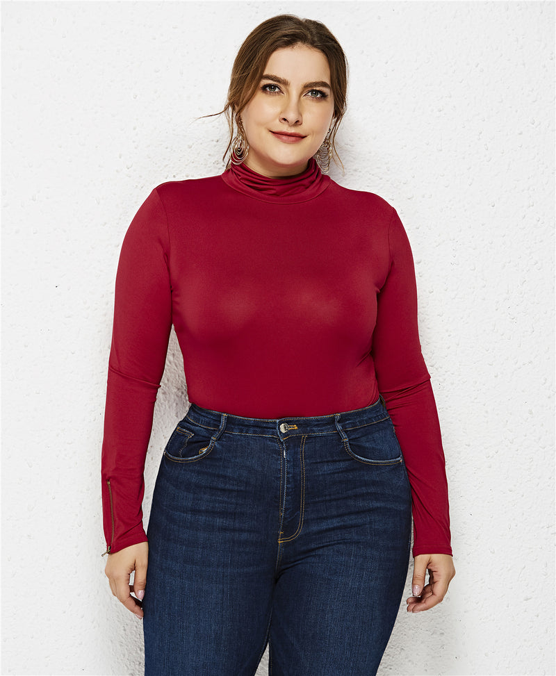 Plus Size Women Clothing Sexy Bottoming Shirt Solid Color Turtleneck Long Sleeve Triangle Tight Jumpsuit