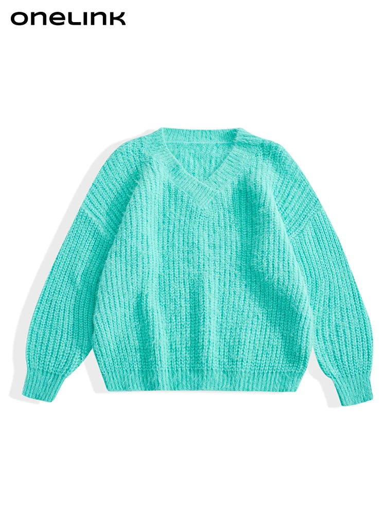 ONELINK Luxury Marten Wool Plus Size Women Autumn Winter Pullover Sweater V Neck Knit  Mint Green Icy Blue Oversize Clothing Top