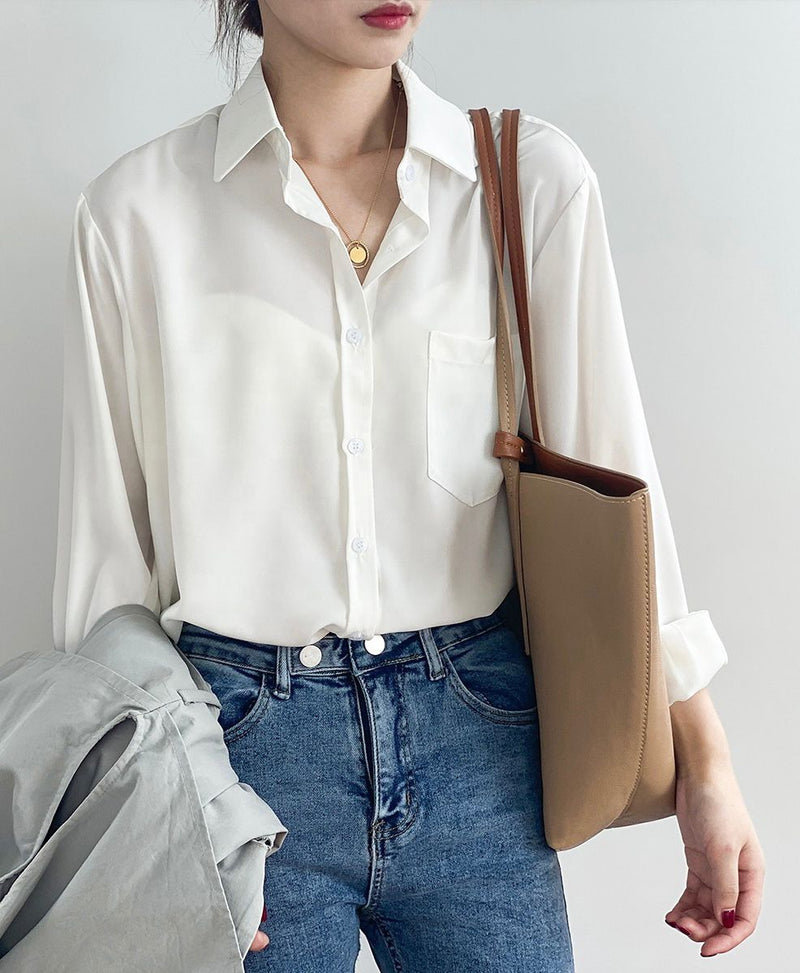 Women's Loose Satin High-Sleeve Shirtswith pocket fashion casual solid plus size clothes for women new blouse