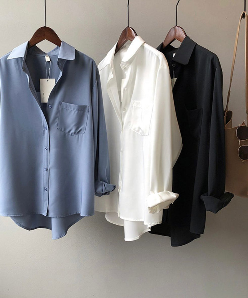 Women's Loose Satin High-Sleeve Shirtswith pocket fashion casual solid plus size clothes for women new blouse