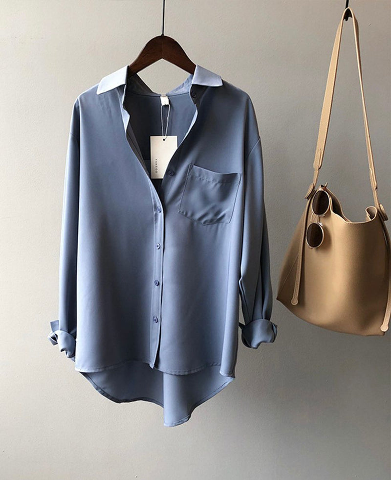 Women's Loose Satin High-Sleeve Shirtswith pocket fashion casual solid plus size clothes for women new blouse