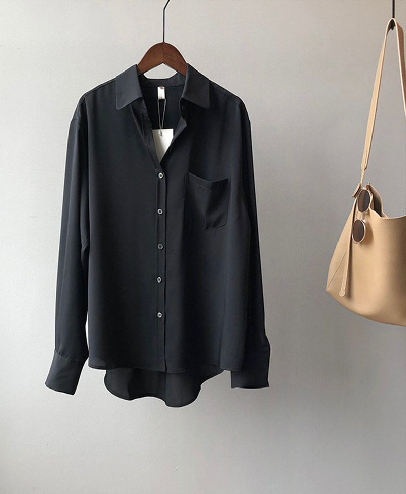 Women's Loose Satin High-Sleeve Shirtswith pocket fashion casual solid plus size clothes for women new blouse