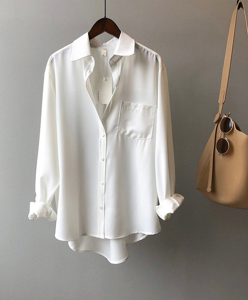 Women's Loose Satin High-Sleeve Shirtswith pocket fashion casual solid plus size clothes for women new blouse