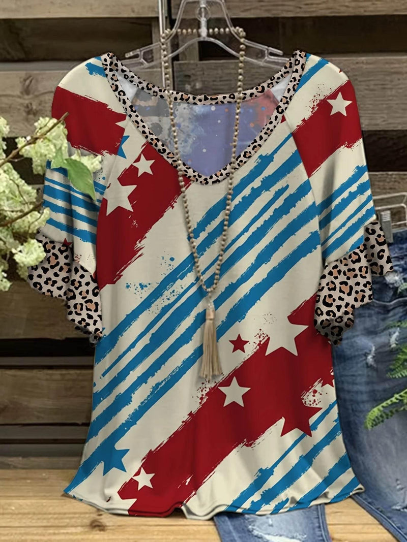 Plus Size Striped & Star Print T-Shirt, Casual V Neck Short Sleeve T-Shirt Women's Plus Size Clothing