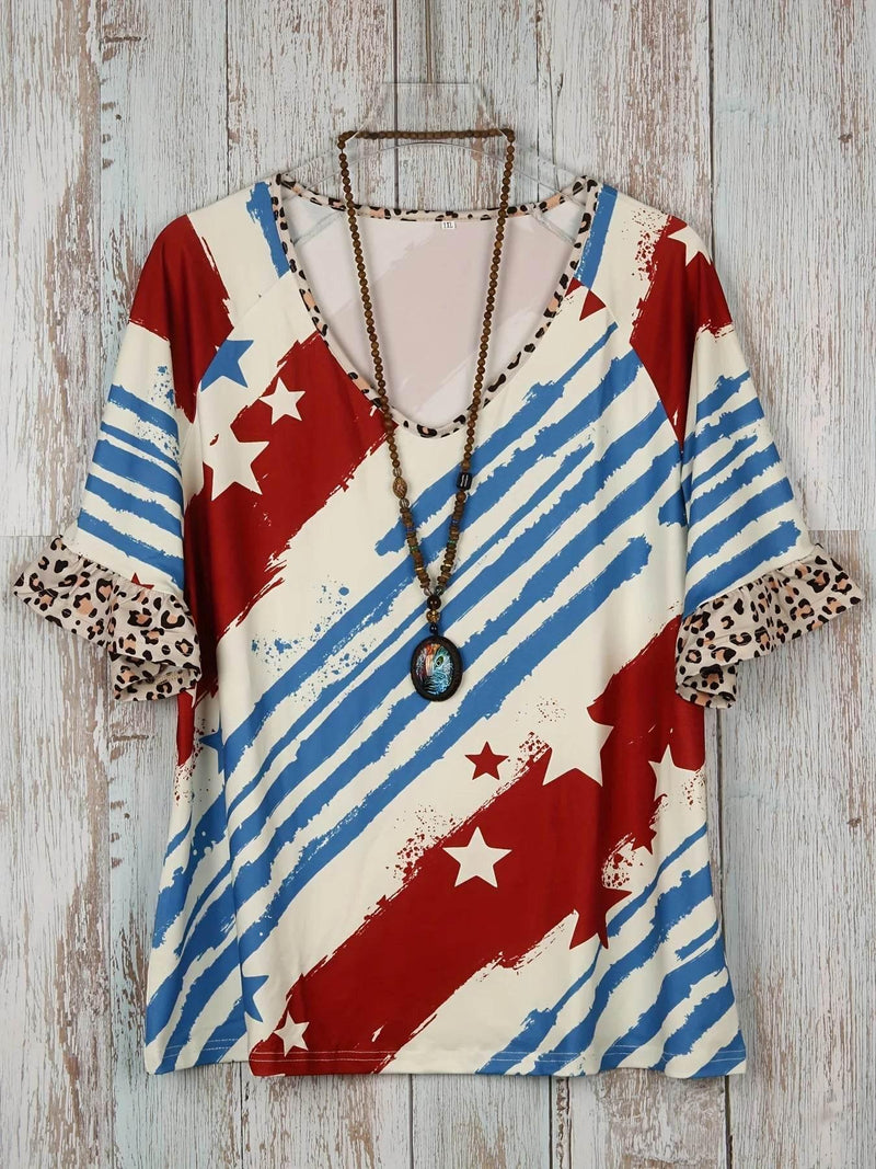 Plus Size Striped & Star Print T-Shirt, Casual V Neck Short Sleeve T-Shirt Women's Plus Size Clothing