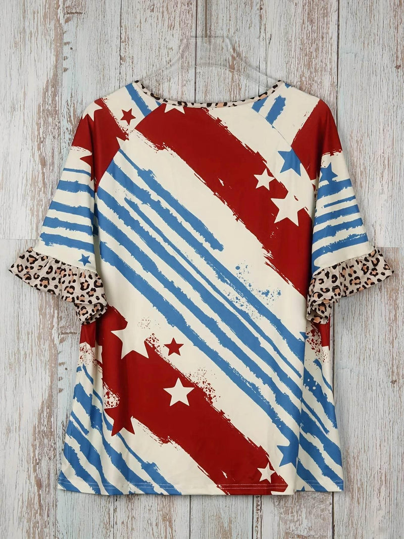 Plus Size Striped & Star Print T-Shirt, Casual V Neck Short Sleeve T-Shirt Women's Plus Size Clothing