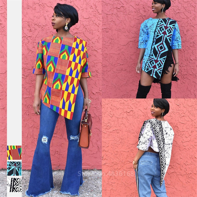 Ladies African Clothes 2020 Dashiki Print Split Top Summer Plus Size Jeans Shirts Clothing African Dresses for Women Top Fashion